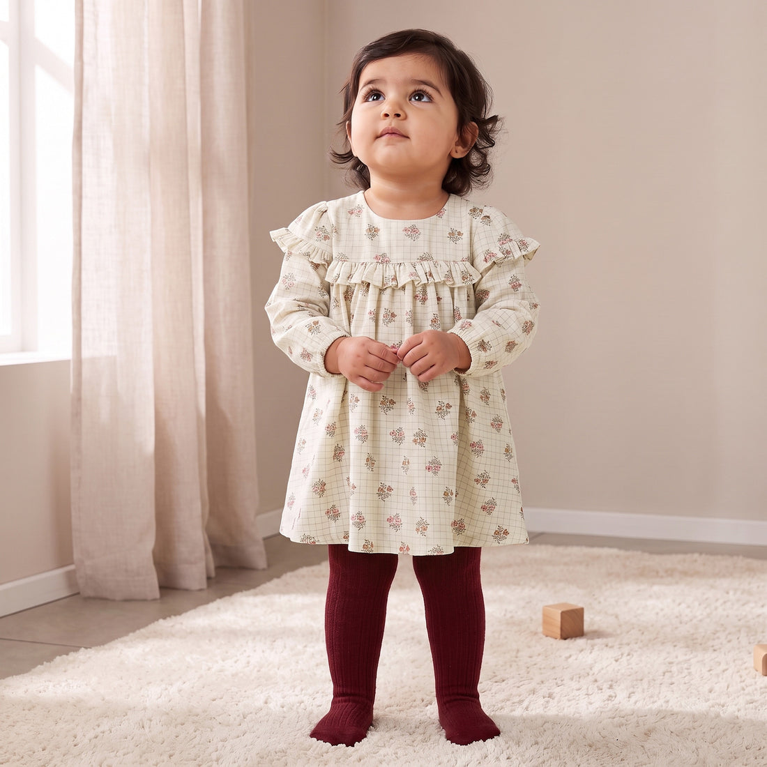 Giggles Floral Print Ruffle Dress and Tights Set