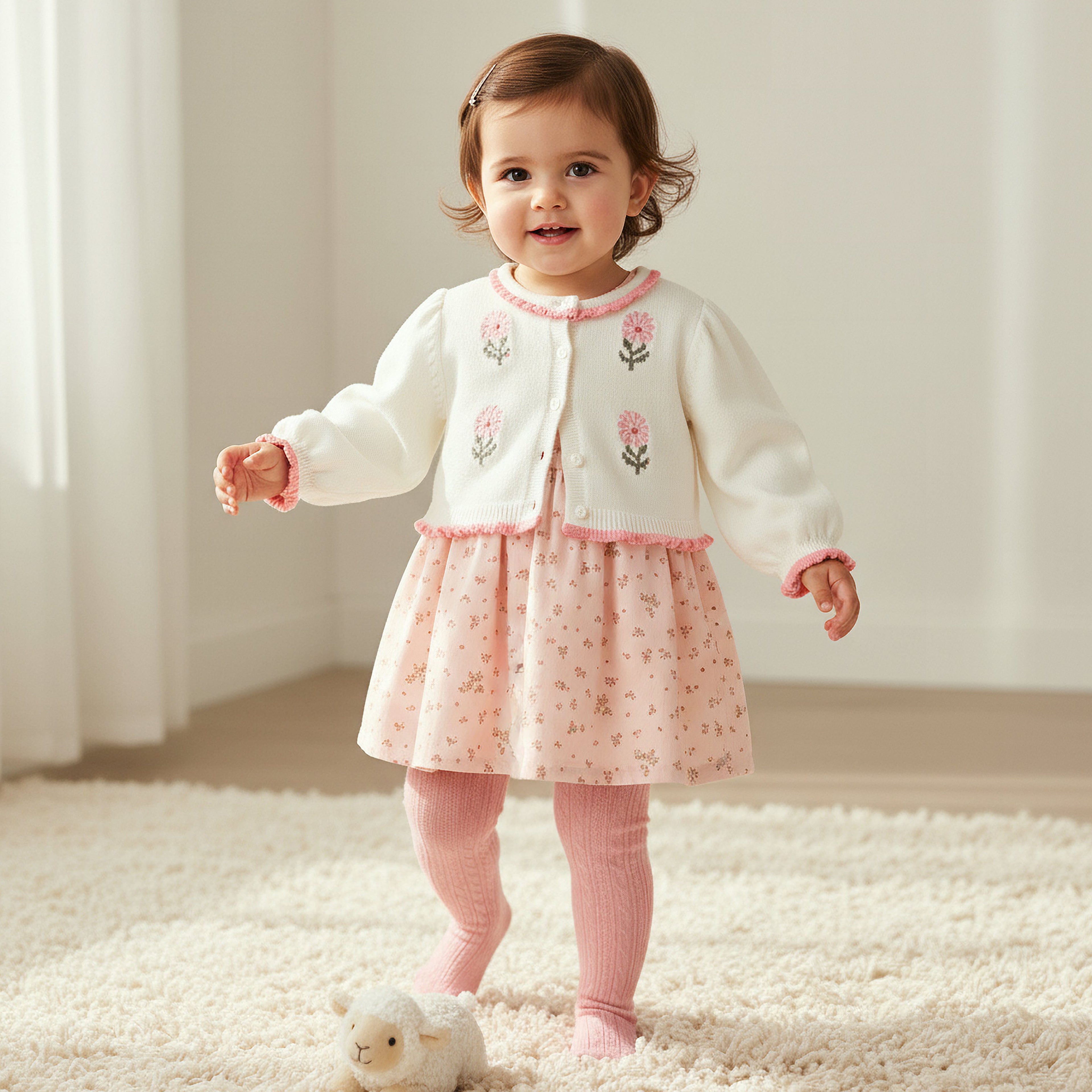 Giggles Floral Print Dress with Cardigan and Tights - Pink / 12-18 mths