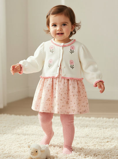 Giggles Floral Print Dress with Cardigan and Tights-baby-girls-clothing-winterwear-dresses-image-1
