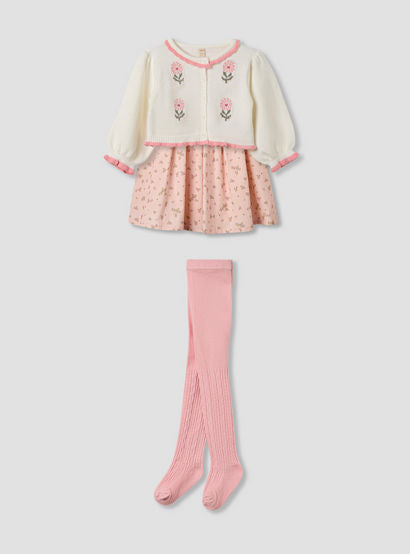Giggles Floral Print Dress with Cardigan and Tights-baby-girls-clothing-winterwear-dresses-image-3
