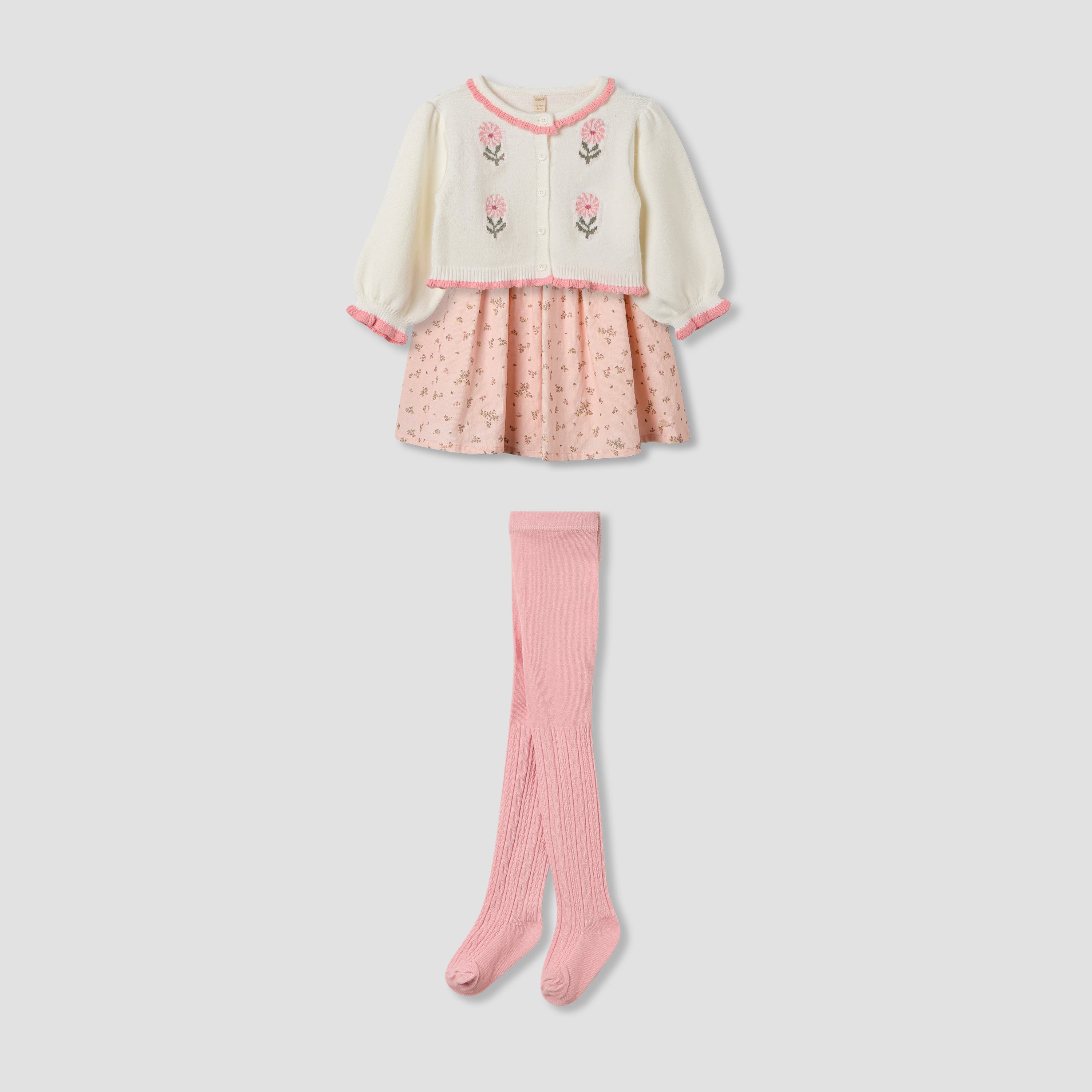 Giggles Floral Print Dress with Cardigan and Tights
