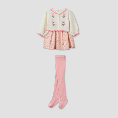 Giggles Floral Print Dress with Cardigan and Tights