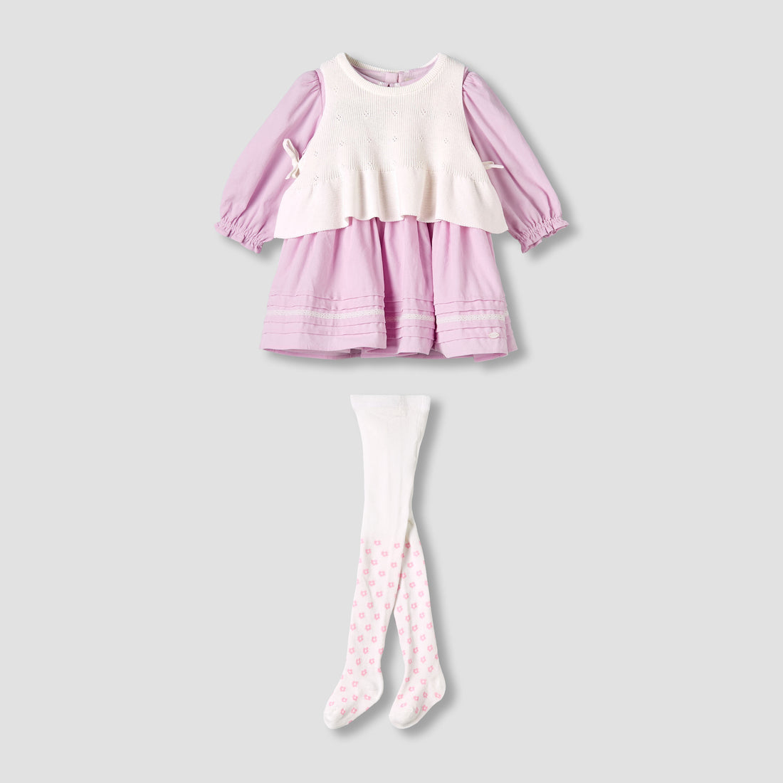 Giggles Peter Pan Collar Dress with Sleeveless Sweater and Tights - Pink / 12-18 mths