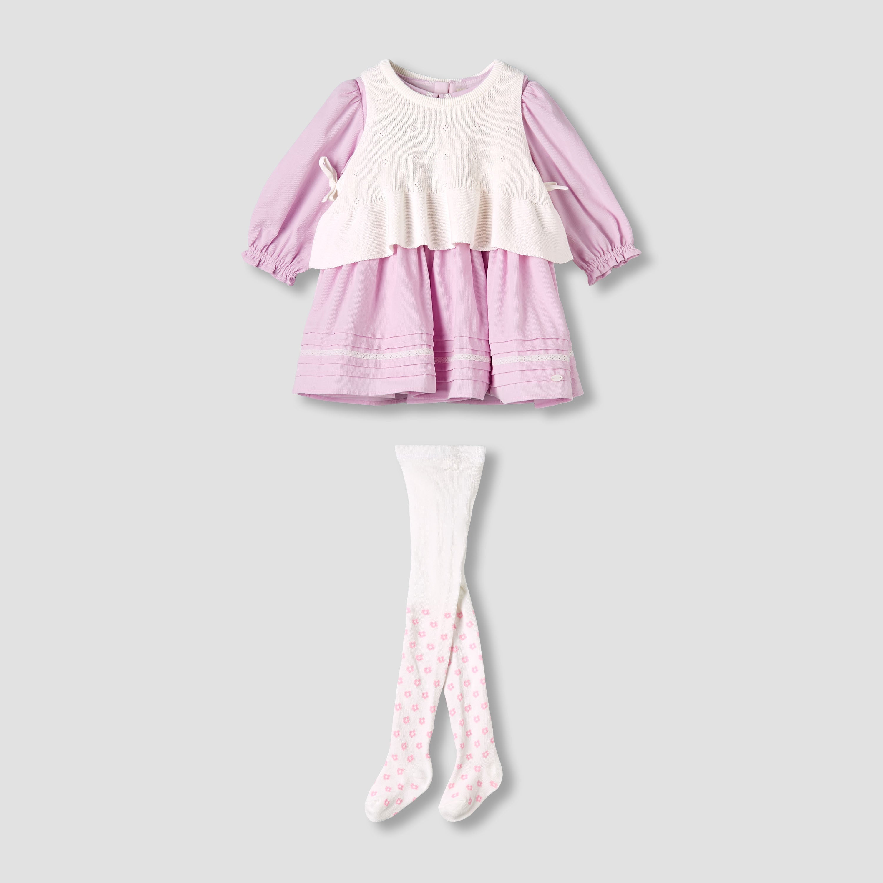 Giggles Peter Pan Collar Dress with Sleeveless Sweater and Tights - Pink / 12-18 mths