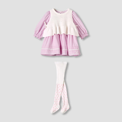 Giggles Peter Pan Collar Dress with Sleeveless Sweater and Tights - Pink / 12-18 mths