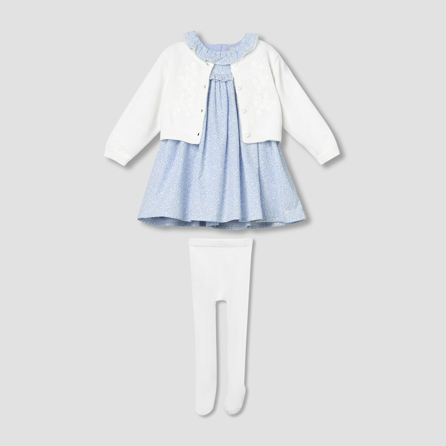 Giggles Round Neck Long Sleeves Dress with Cardigan and Tights - Blue / 12-18 mths