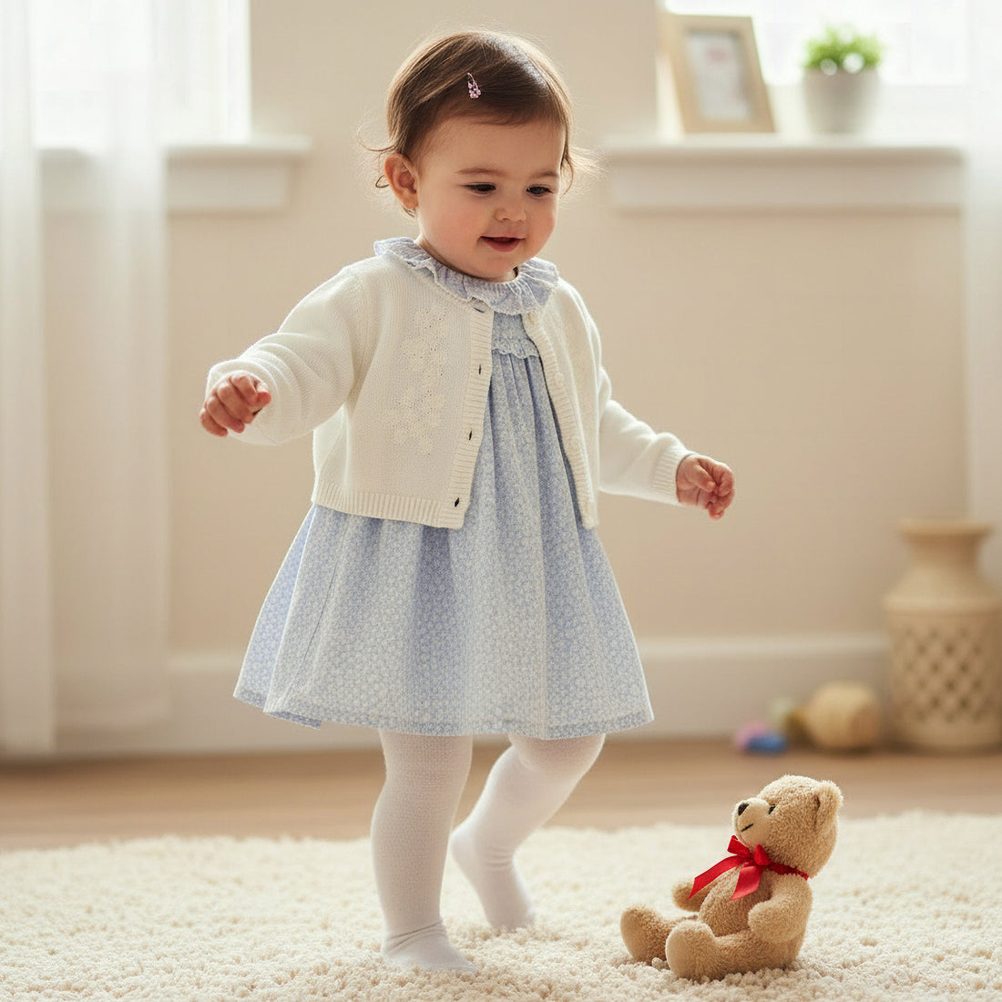 Giggles Round Neck Long Sleeves Dress with Cardigan and Tights - Blue / 12-18 mths