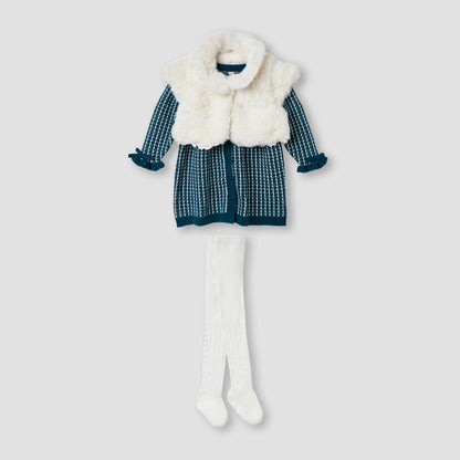 Giggles Textured Dress with Shrug and Tights - Green / 12-18 mths