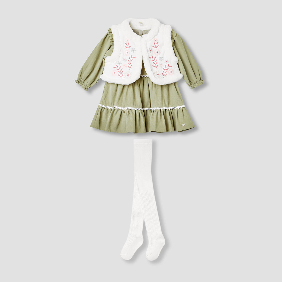 Giggles Embroidered Tiered Dress with Sweater and Stockings