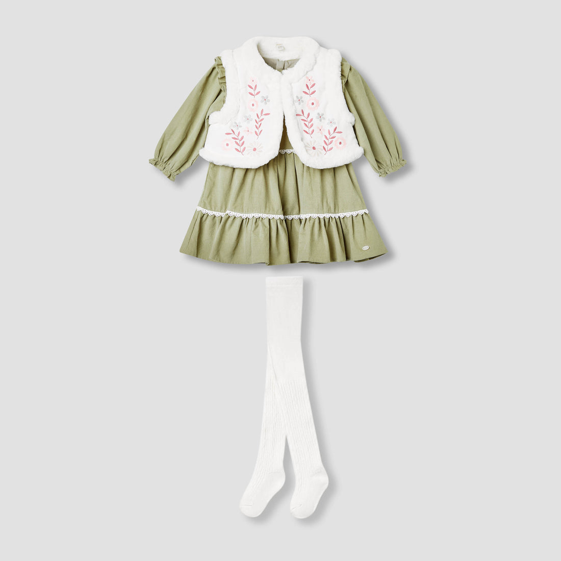 Giggles Embroidered Tiered Dress with Sweater and Stockings