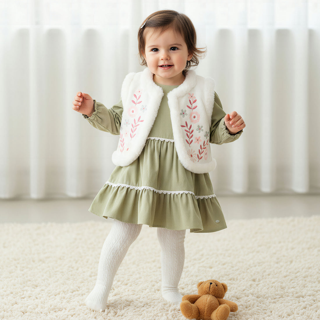 Giggles Embroidered Tiered Dress with Sweater and Stockings - Green / 12-18 mths