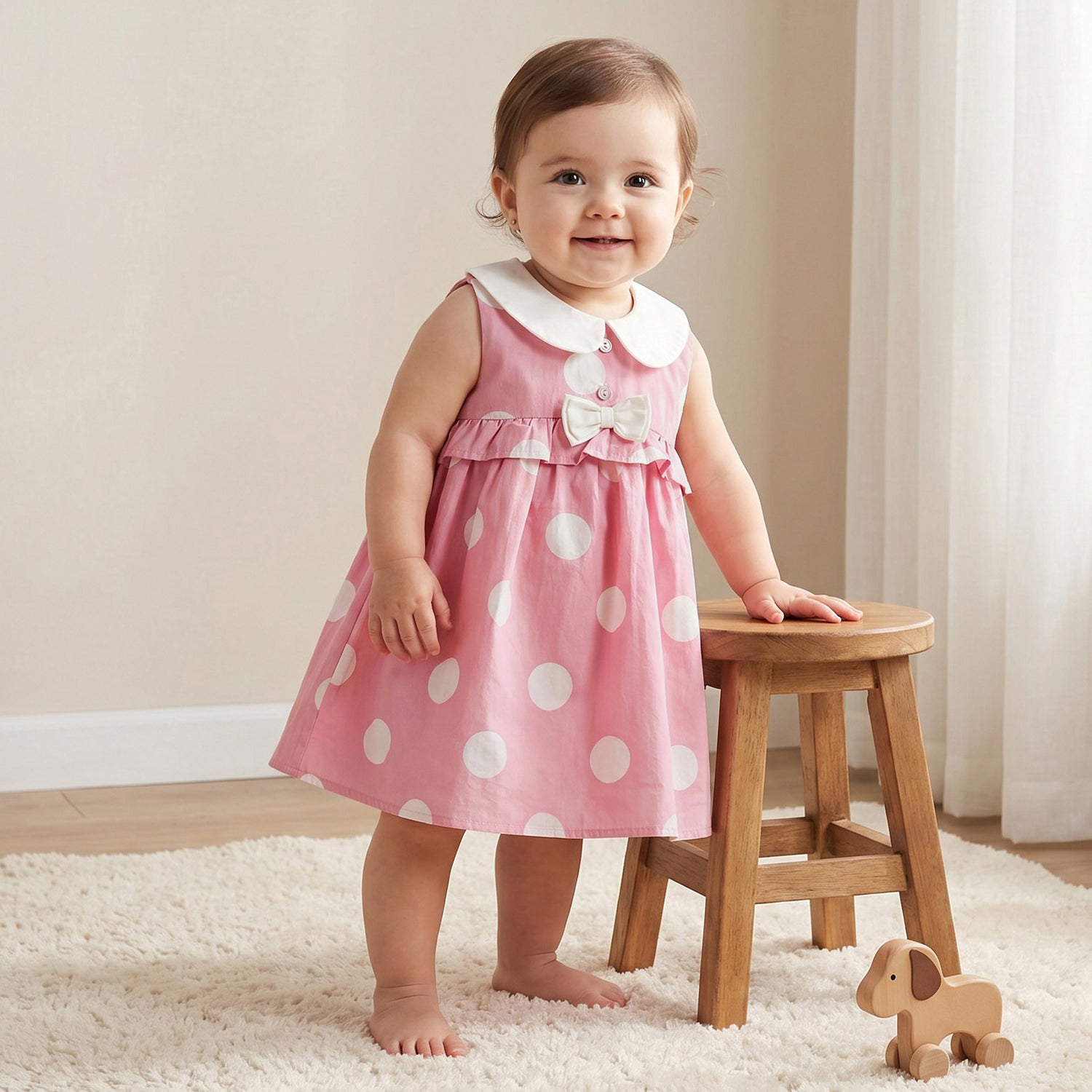 Giggles Peter Pan Collar Sleeveless A-line Dress with Polka Dot Print