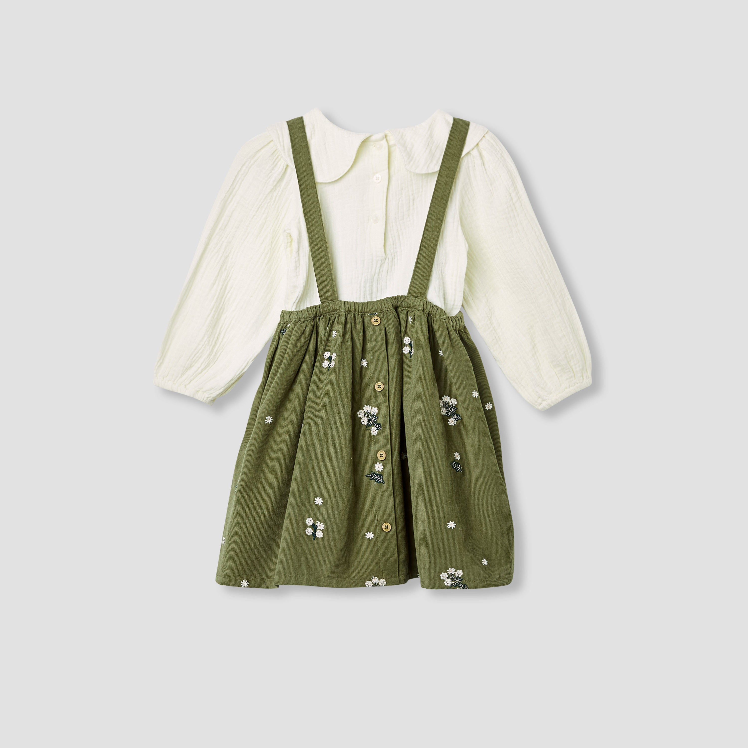 Giggles Floral Embroidered Pinafore and Top Set - Green / 12-18 mths