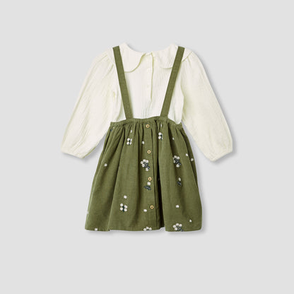 Giggles Floral Embroidered Pinafore and Top Set - Green / 12-18 mths
