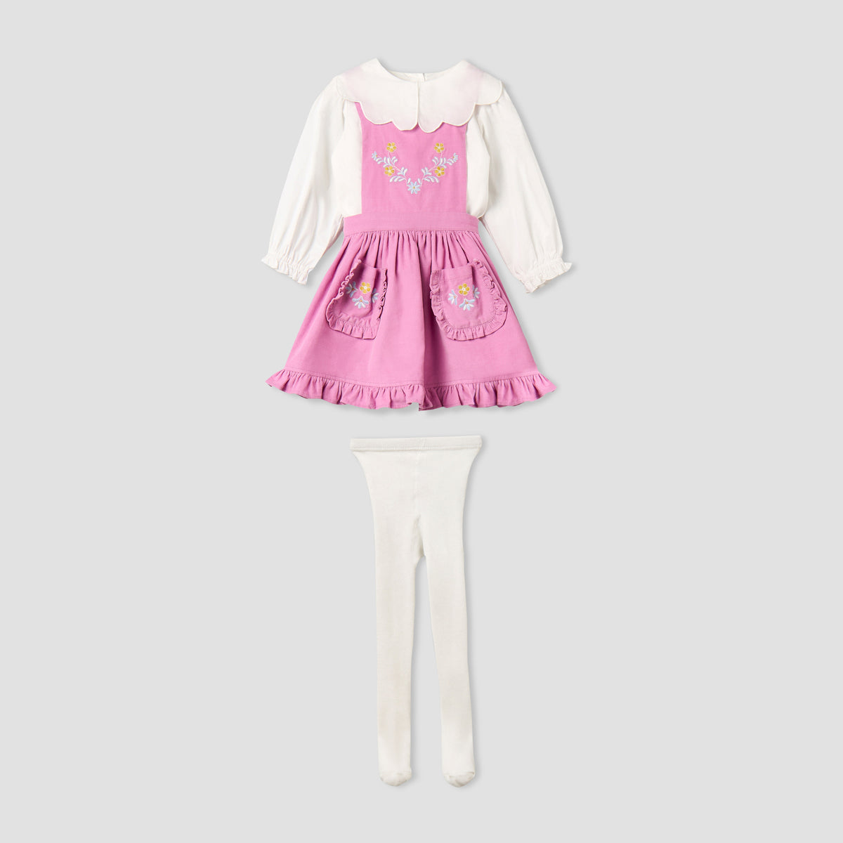Giggles Collared Long Sleeves Top and Pinafore Dress with Tights