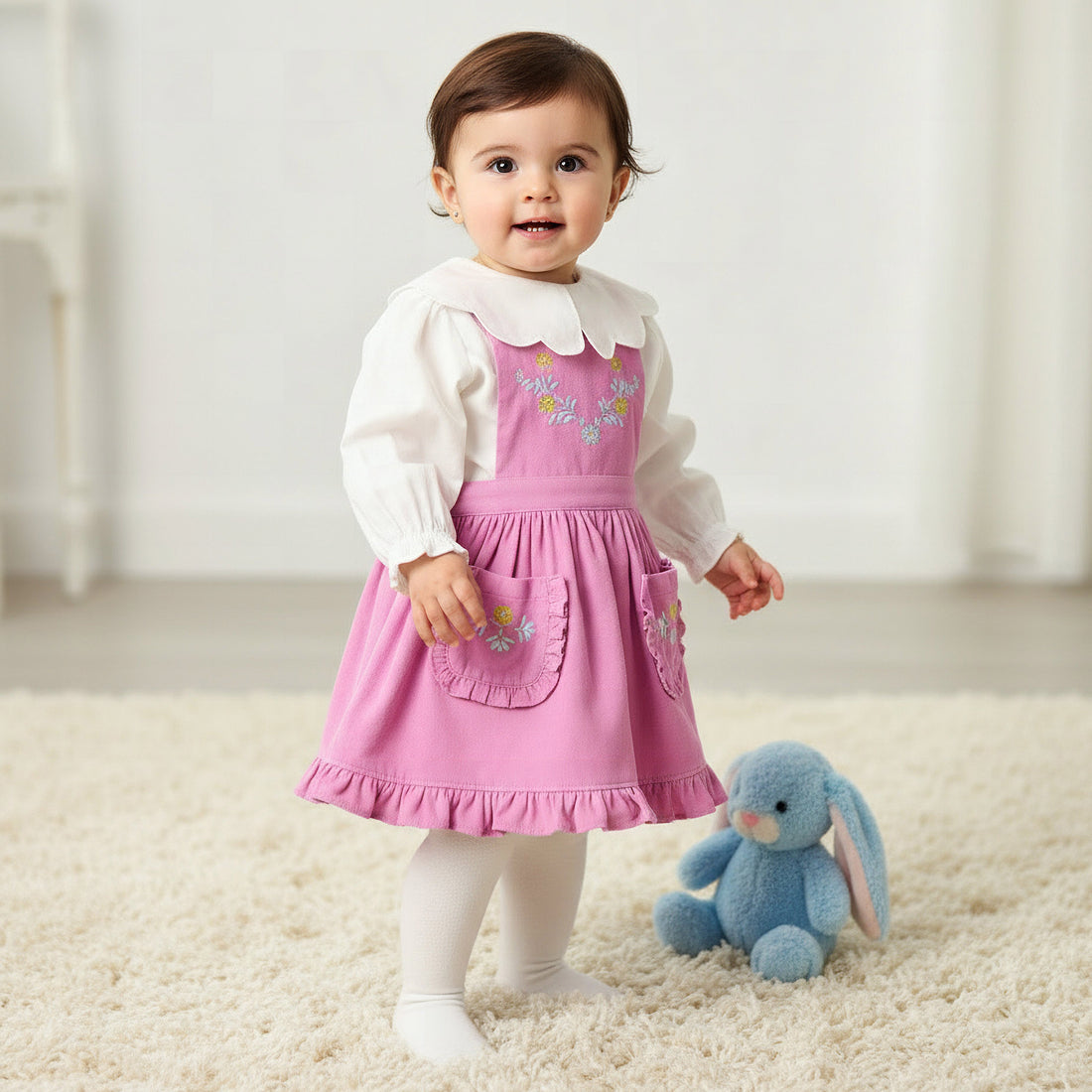 Giggles Collared Long Sleeves Top and Pinafore Dress with Tights - Multicolour / 12-18 mths