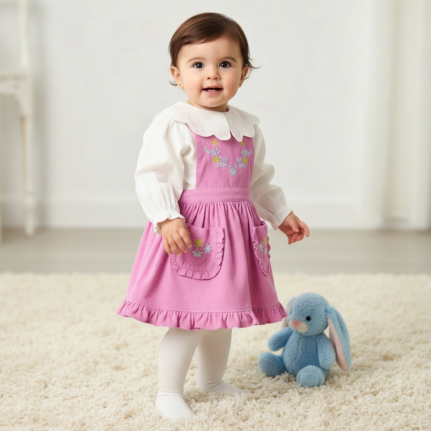 Giggles Collared Long Sleeves Top and Pinafore Dress with Tights - Multicolour / 12-18 mths