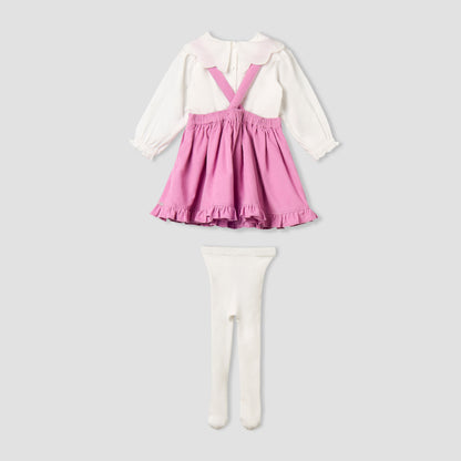 Giggles Collared Long Sleeves Top and Pinafore Dress with Tights