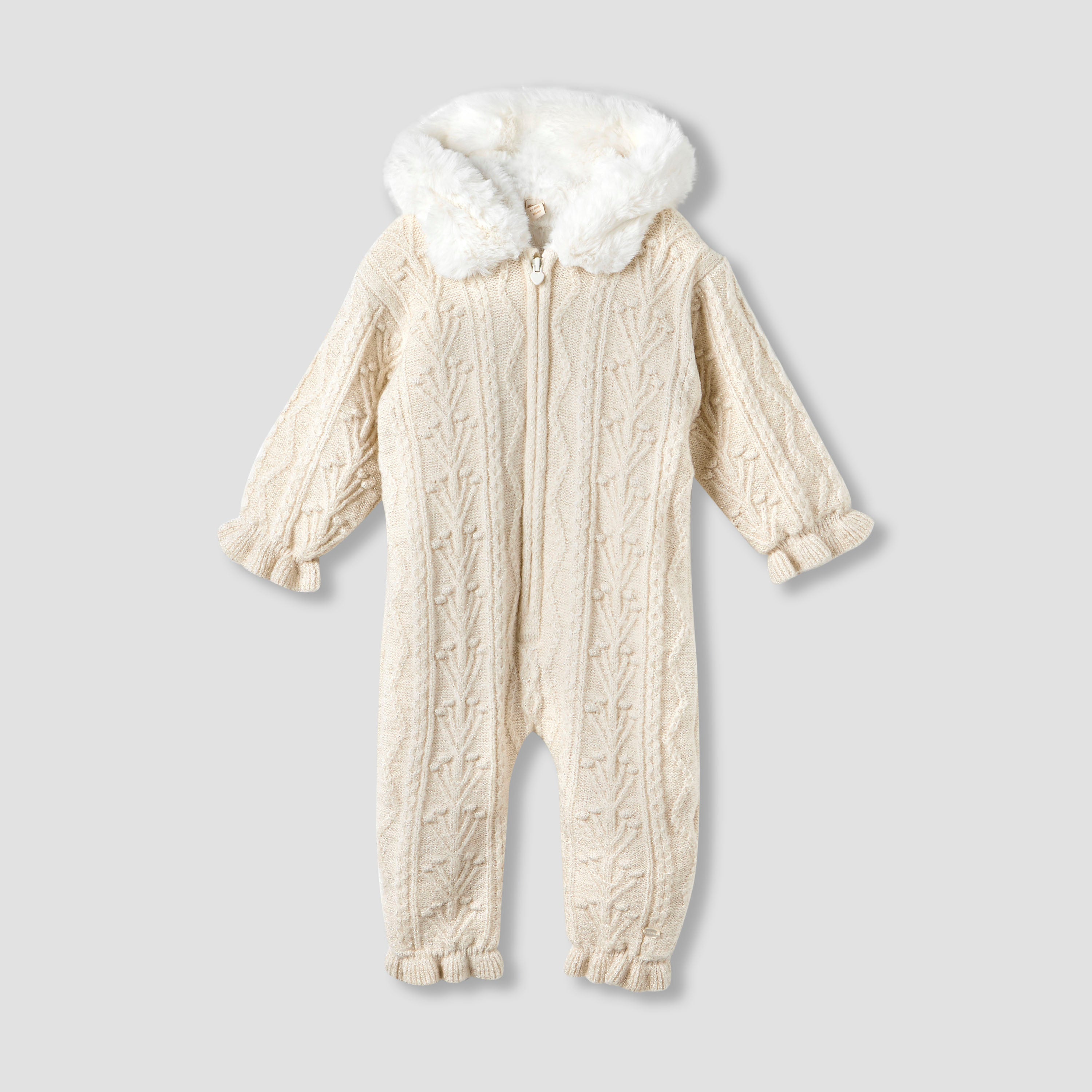 Giggles Textured Hooded Sleepsuit with Long Sleeves - Cream / 12-18 mths
