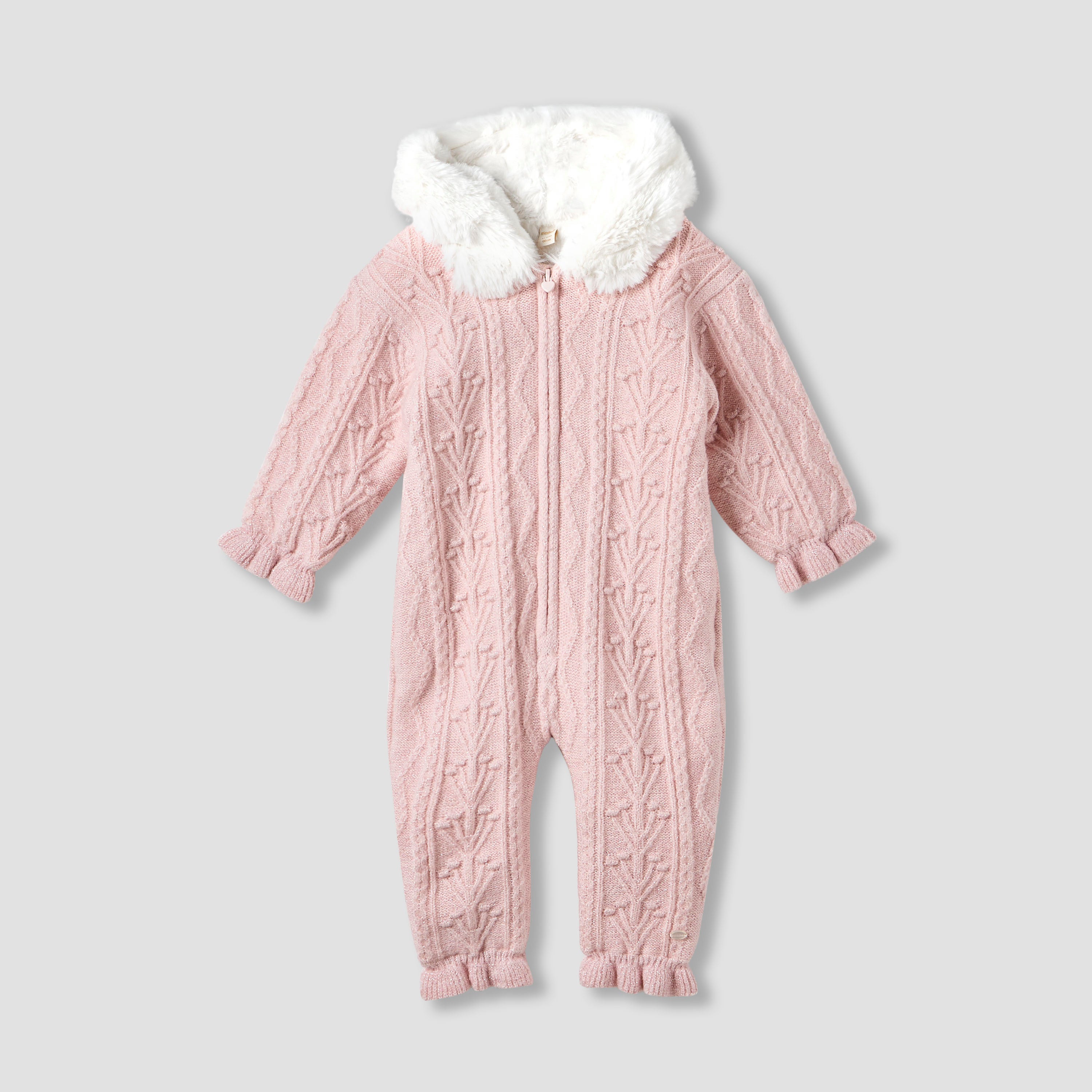 Giggles Textured Hooded Romper with Long Sleeves - Pink / 12-18 mths
