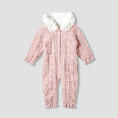 Giggles Textured Hooded Romper with Long Sleeves - Pink / 12-18 mths