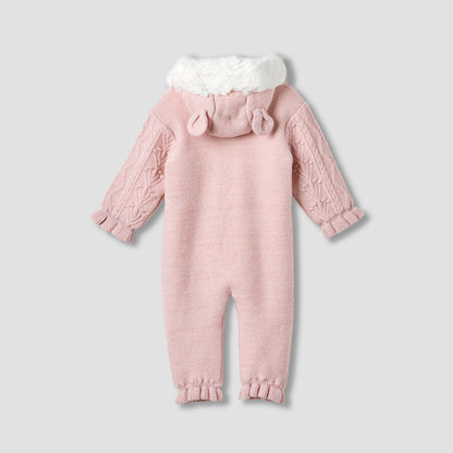 Giggles Textured Hooded Romper with Long Sleeves