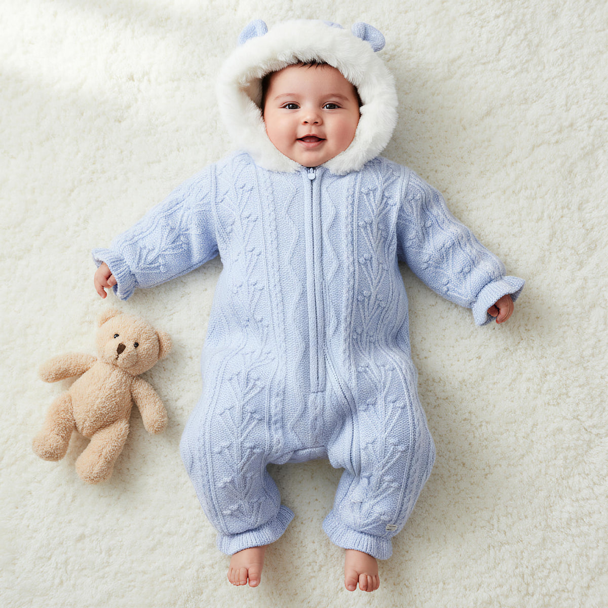 Giggles Textured Hooded Sleepsuit with Long Sleeves