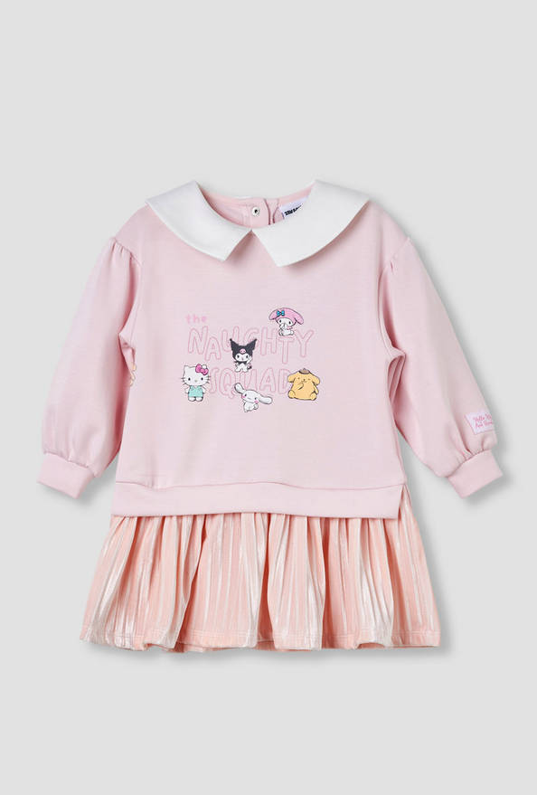 Sanrio Collared Long Sleeves Knee Length Dress with Hello Kitty Print