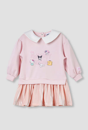 Sanrio Collared Long Sleeves Knee Length Dress with Hello Kitty Print