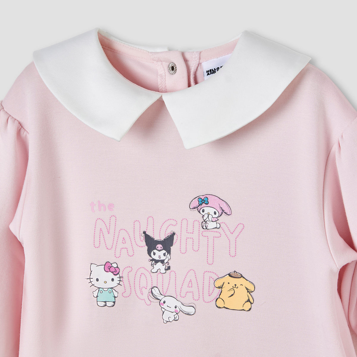Sanrio Collared Long Sleeves Knee Length Dress with Hello Kitty Print