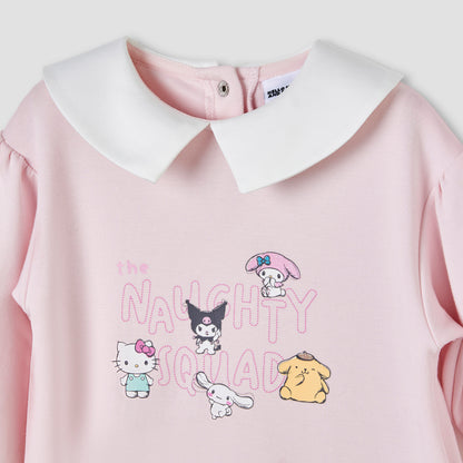 Sanrio Collared Long Sleeves Knee Length Dress with Hello Kitty Print