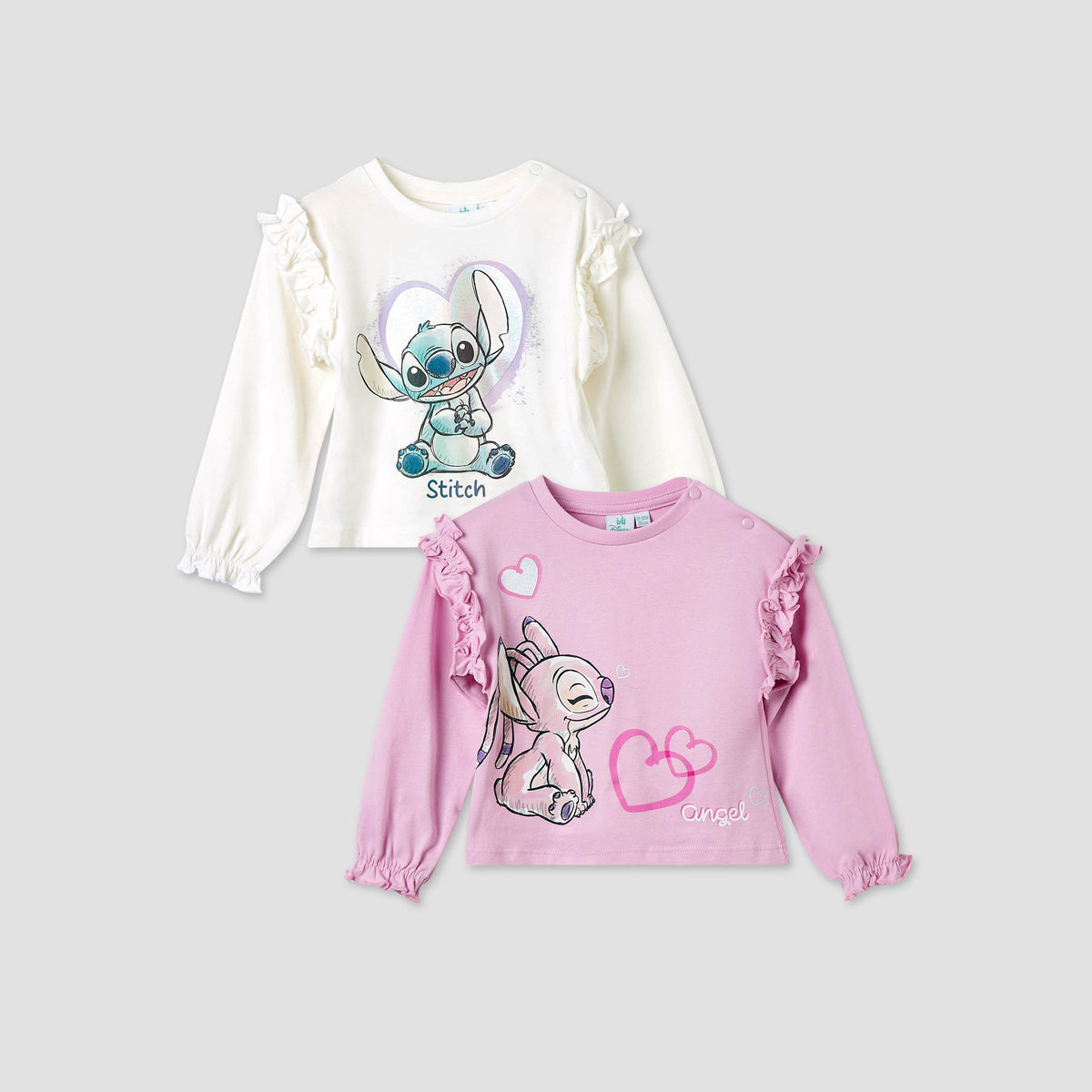 Disney Girls Round Neck T-shirt with Stitch and Angel Print - Cotton - Long Sleeves - Set of 2