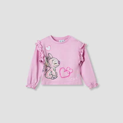 Disney Girls Round Neck T-shirt with Stitch and Angel Print - Cotton - Long Sleeves - Set of 2
