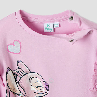 Disney Girls Round Neck T-shirt with Stitch and Angel Print - Cotton - Long Sleeves - Set of 2