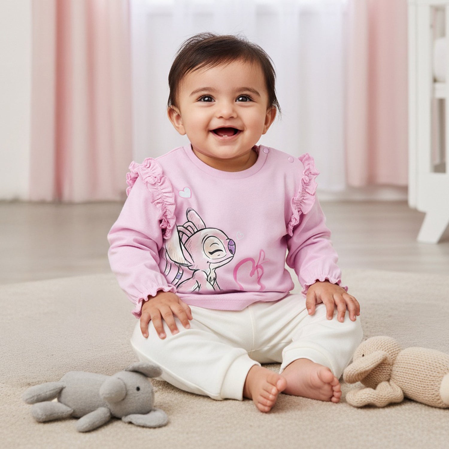 Disney Girls Round Neck T-shirt with Stitch and Angel Print - Cotton - Long Sleeves - Set of 2