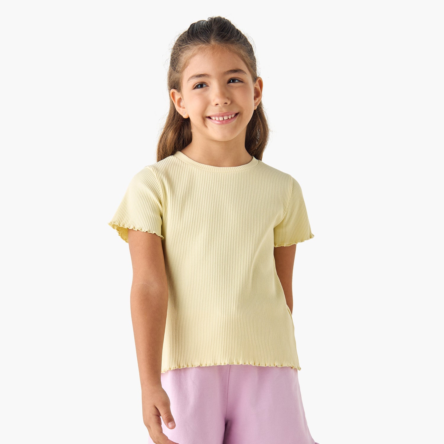 Juniors Ribbed Crew Neck T-shirt with Lettuce Hem