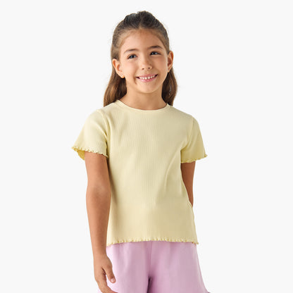 Juniors Ribbed Crew Neck T-shirt with Lettuce Hem