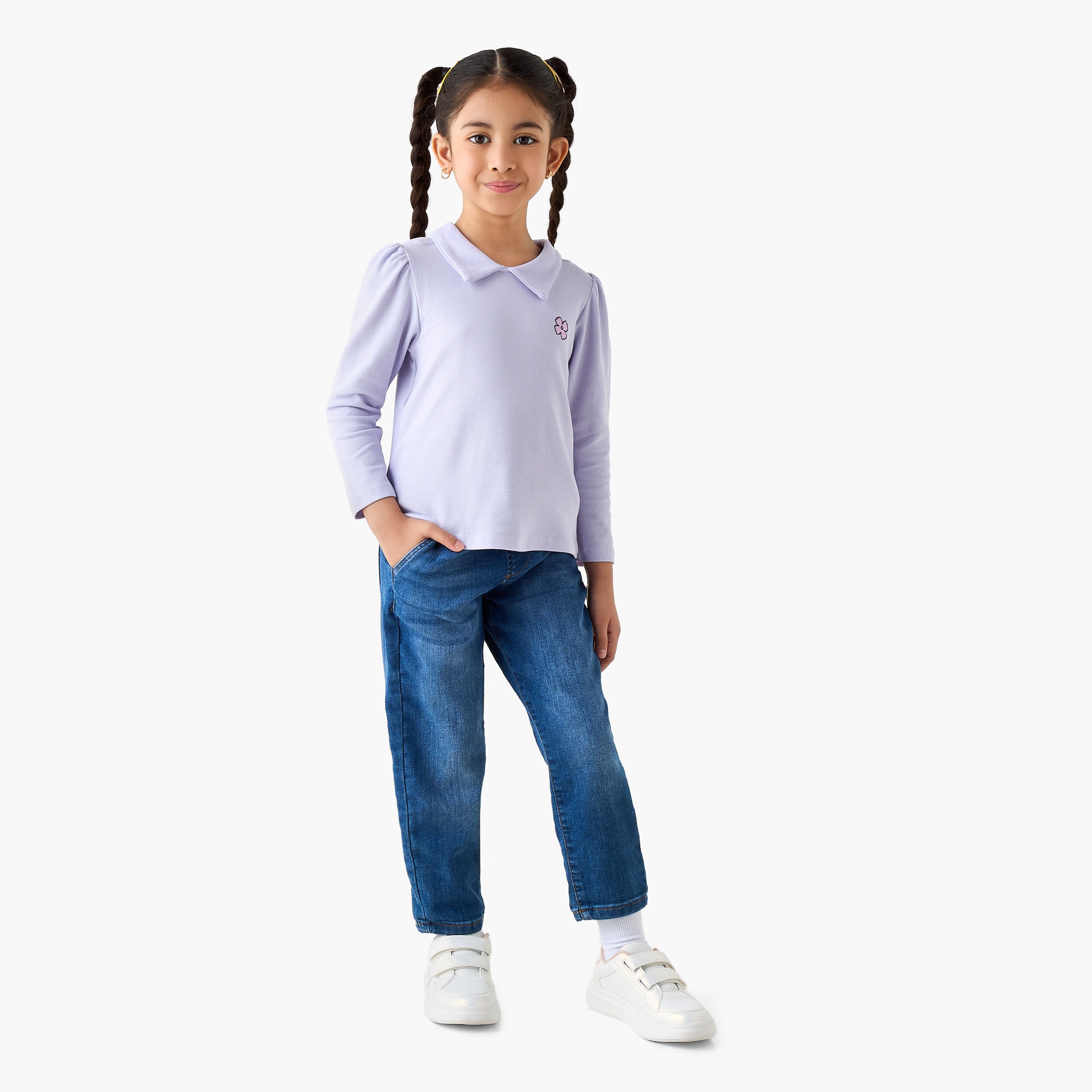 Juniors Solid Collared T-shirt with Long Sleeves