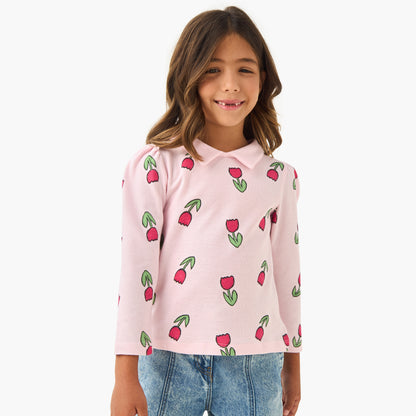 Juniors Floral Print Collared T-shirt with Long Sleeves - Pink / 1-2 yrs