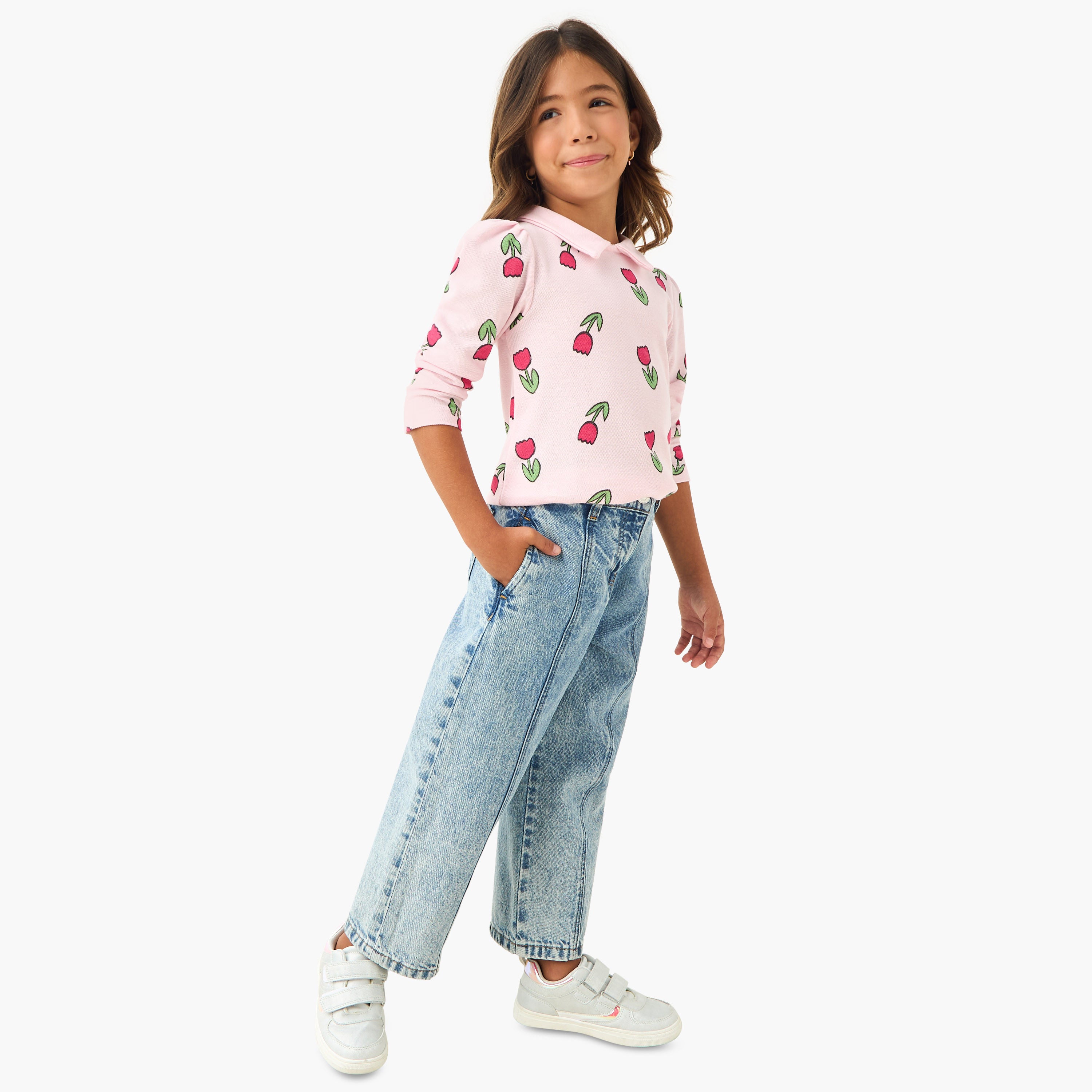 Juniors Floral Print Collared T-shirt with Long Sleeves