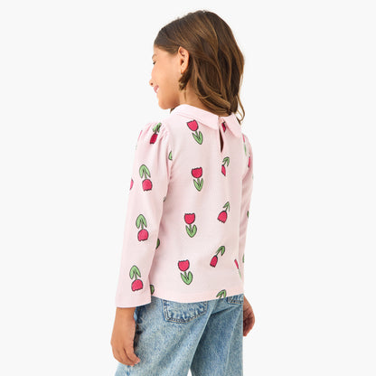 Juniors Floral Print Collared T-shirt with Long Sleeves