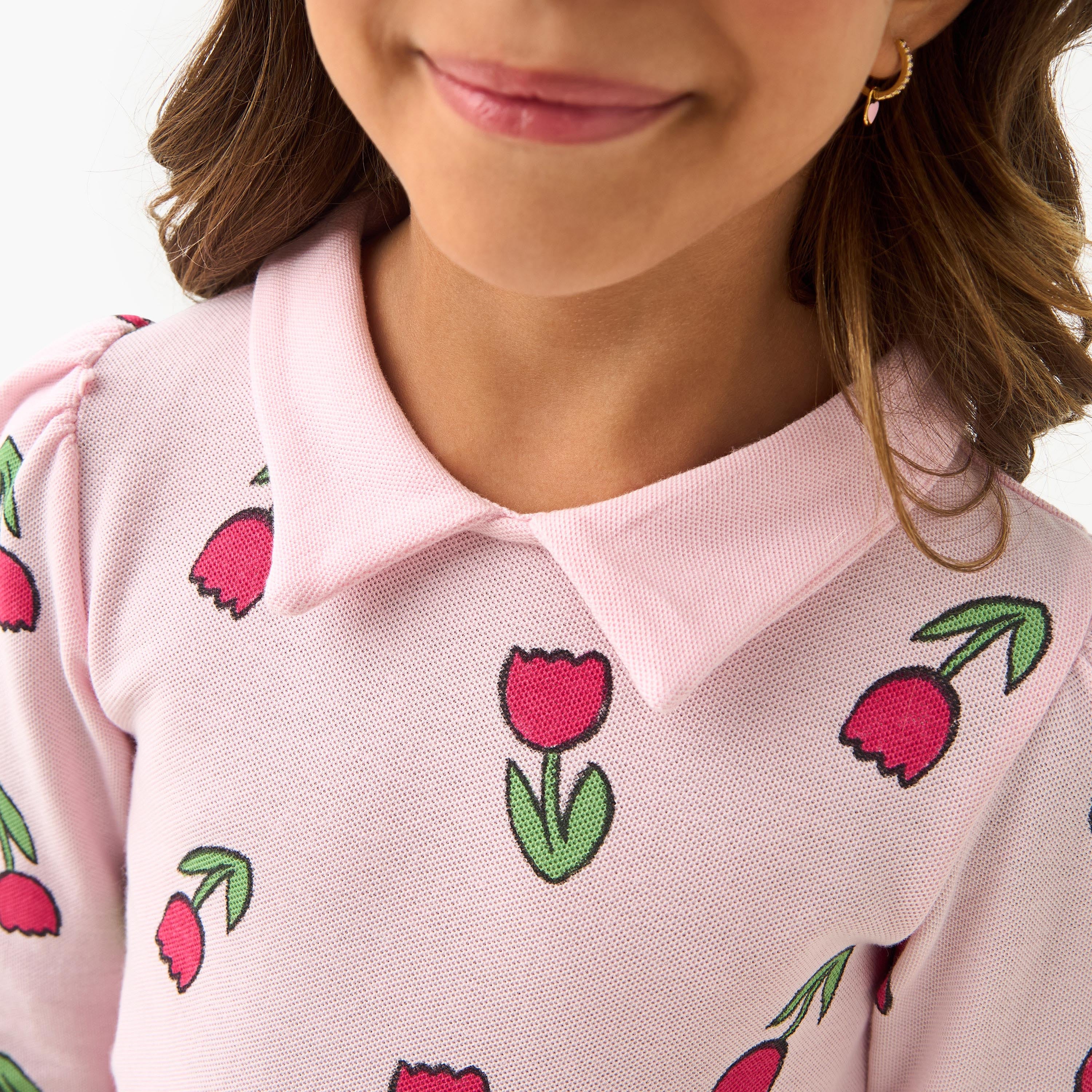 Juniors Floral Print Collared T-shirt with Long Sleeves