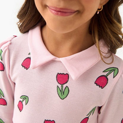 Juniors Floral Print Collared T-shirt with Long Sleeves