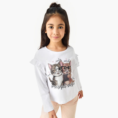 Juniors Cat Print T-shirt with Long Sleeves