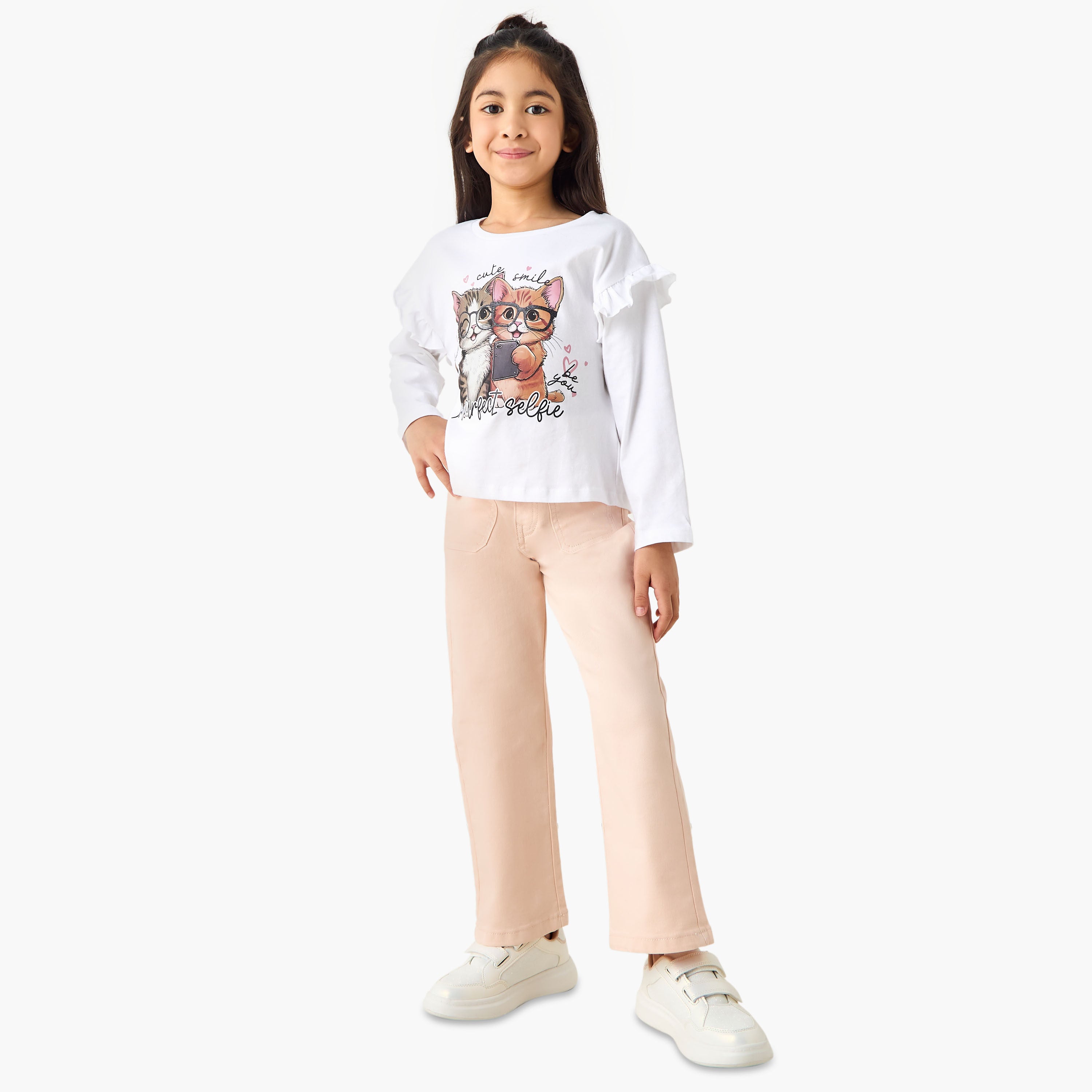 Juniors Cat Print T-shirt with Long Sleeves