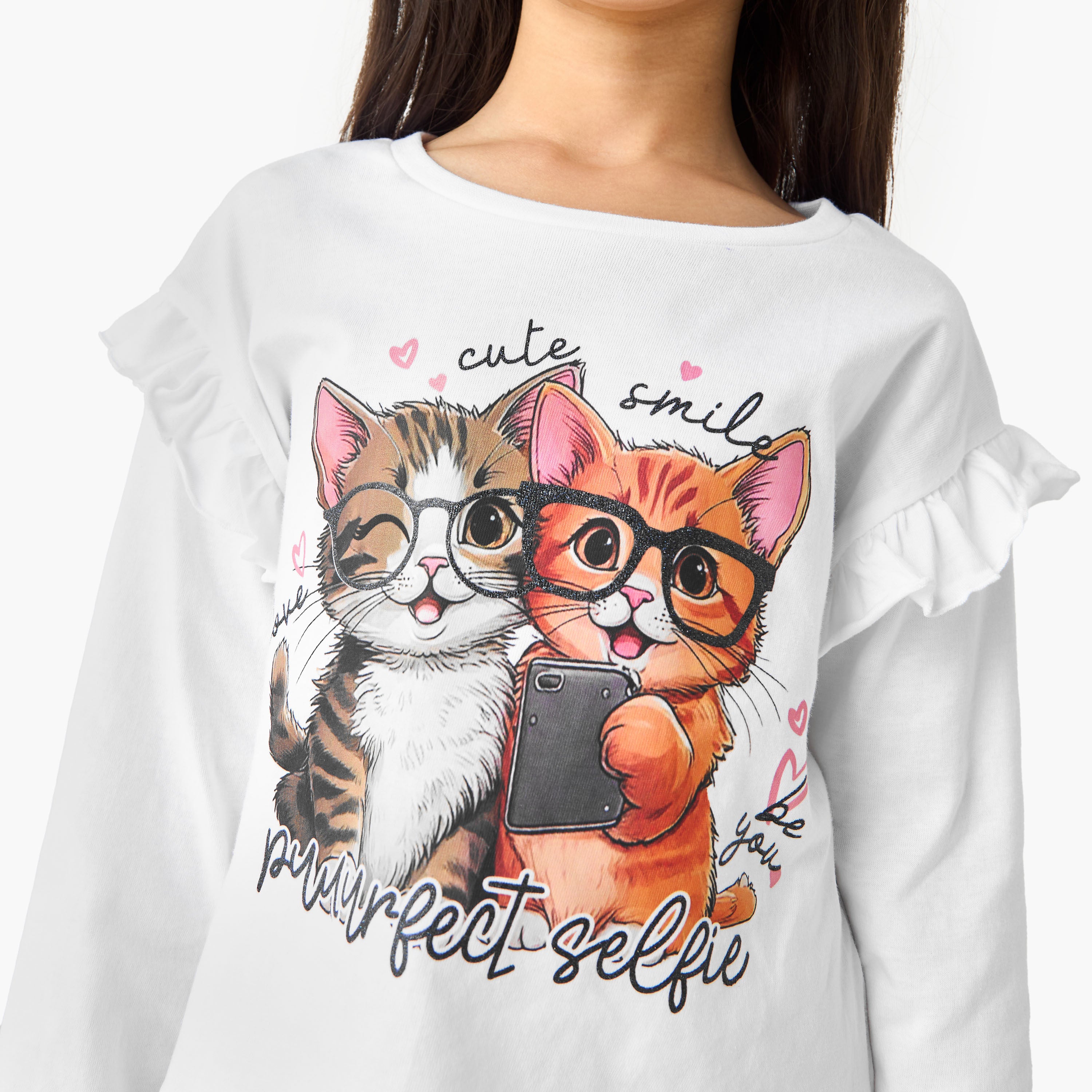 Juniors Cat Print T-shirt with Long Sleeves
