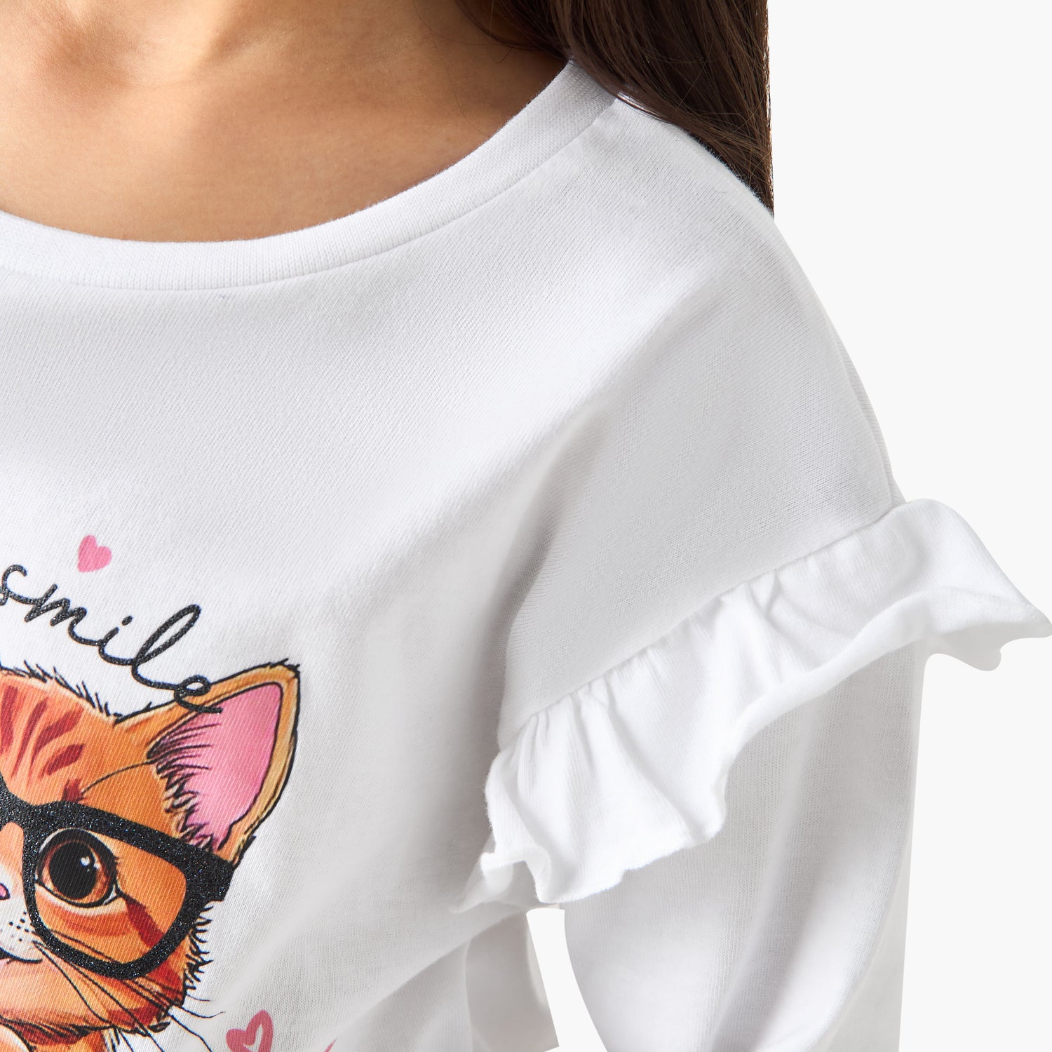 Juniors Cat Print T-shirt with Long Sleeves