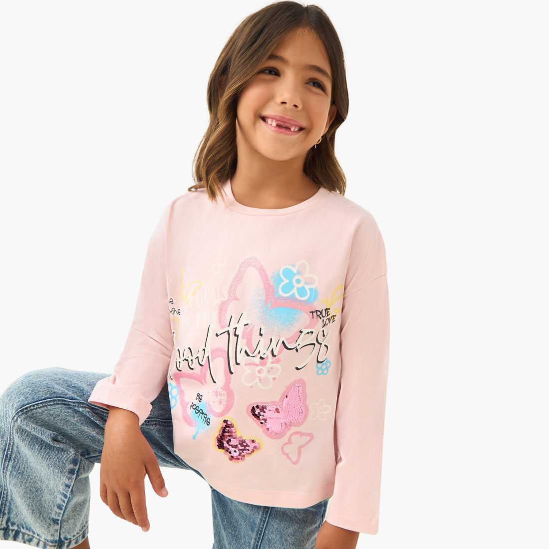 Juniors Printed T-shirt with Long Sleeves - Pink / 1-2 yrs