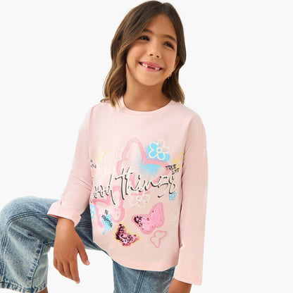 Juniors Printed T-shirt with Long Sleeves - Pink / 1-2 yrs