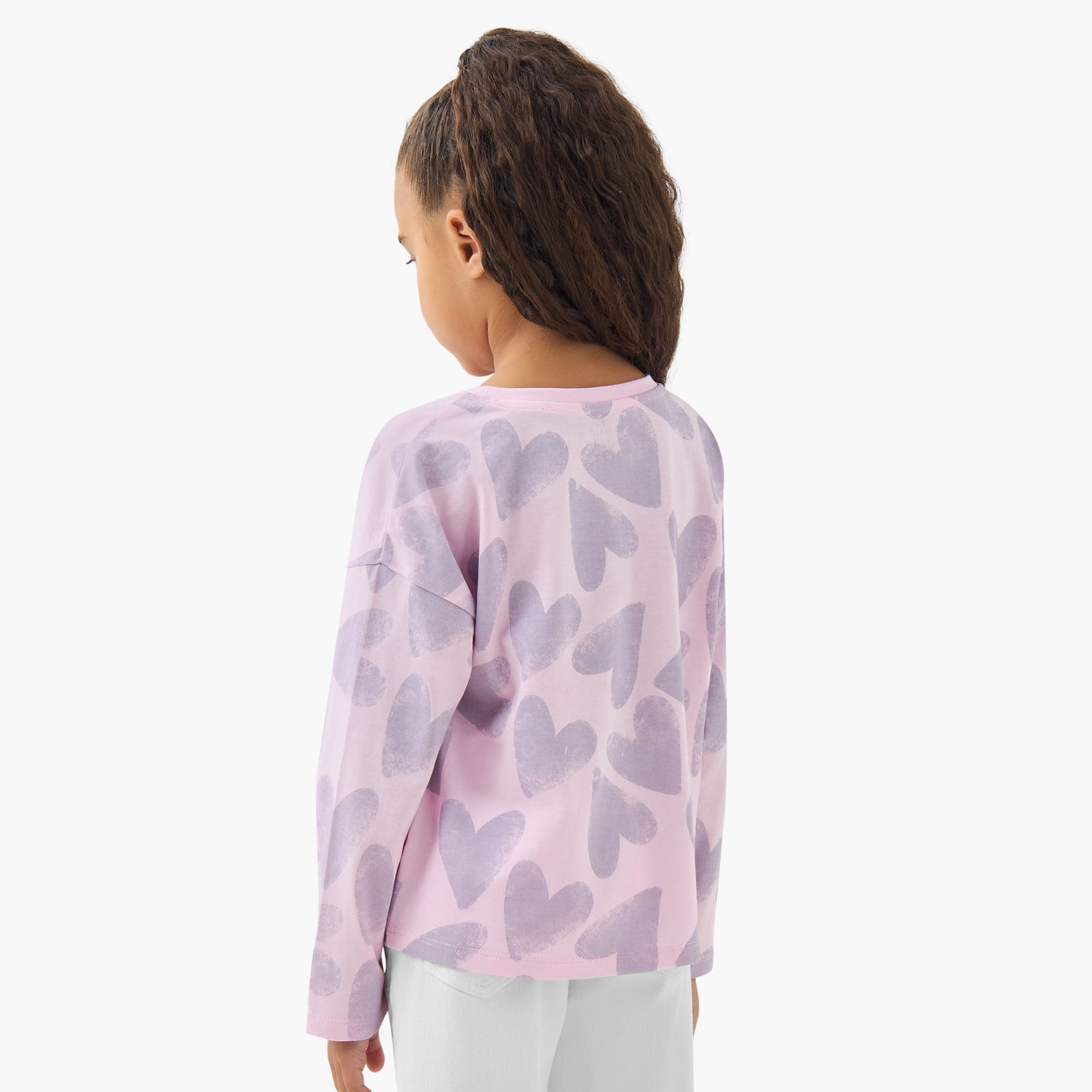 Juniors Girls Crew Neck T-Shirt with Heart Print - Cotton - Long Sleeves
